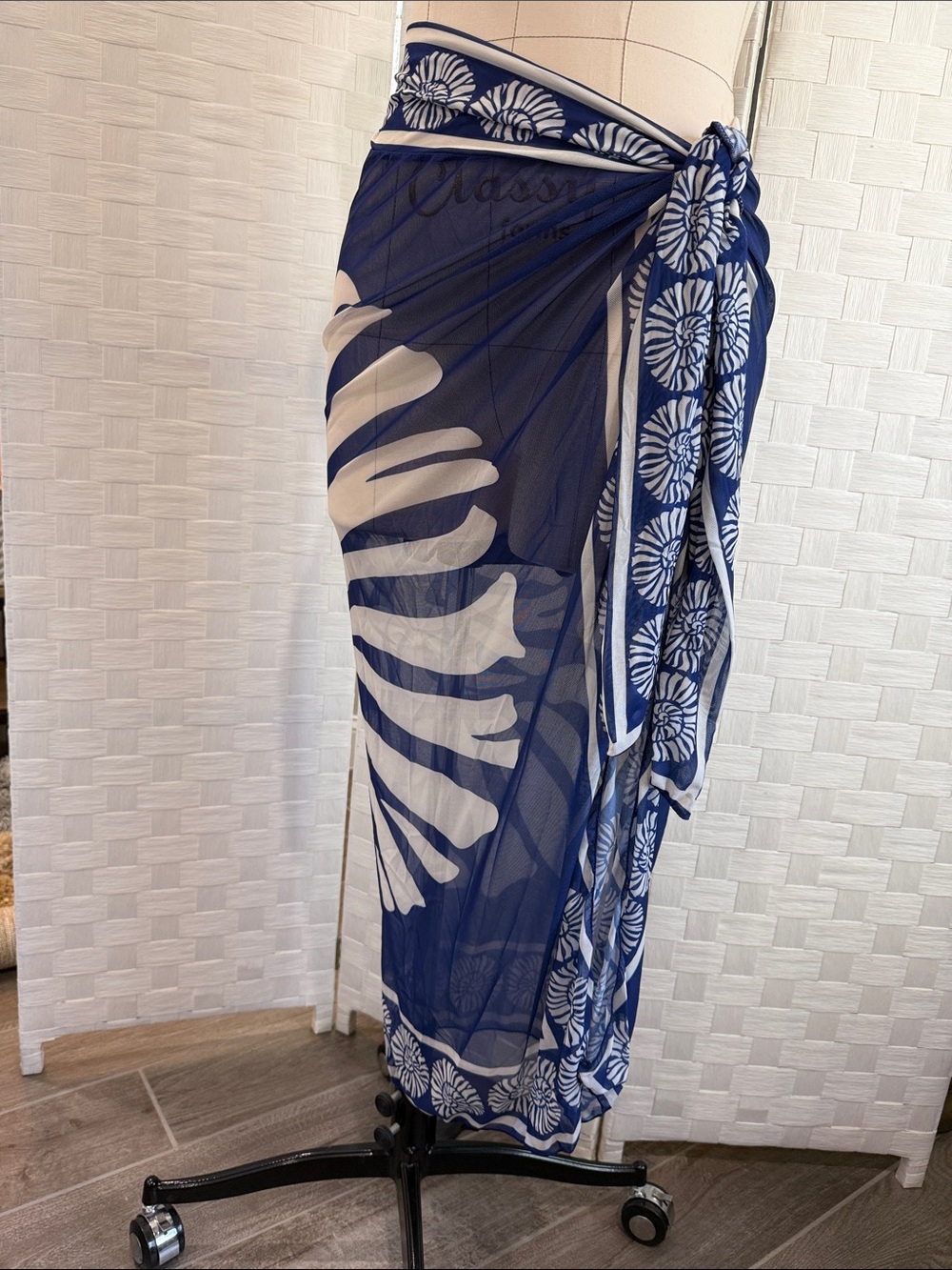 Women's Navy Blue & White Sarong Wrap Swim Cover-Up